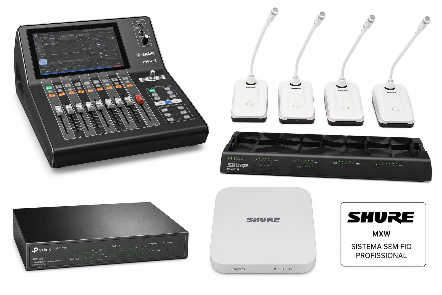 Kit Completo Sistema de Microfones Gooseneck Sem Fio Shure MXW | 4 Pontos Expansível